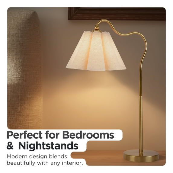 KUNJOULAM Modern Minimalist Style Gold Curved Metal Lamp Post Decorative Desk Lamp, Use E26 Bulb With Linen Petal Shaped Lampshade(bulb Not Included)