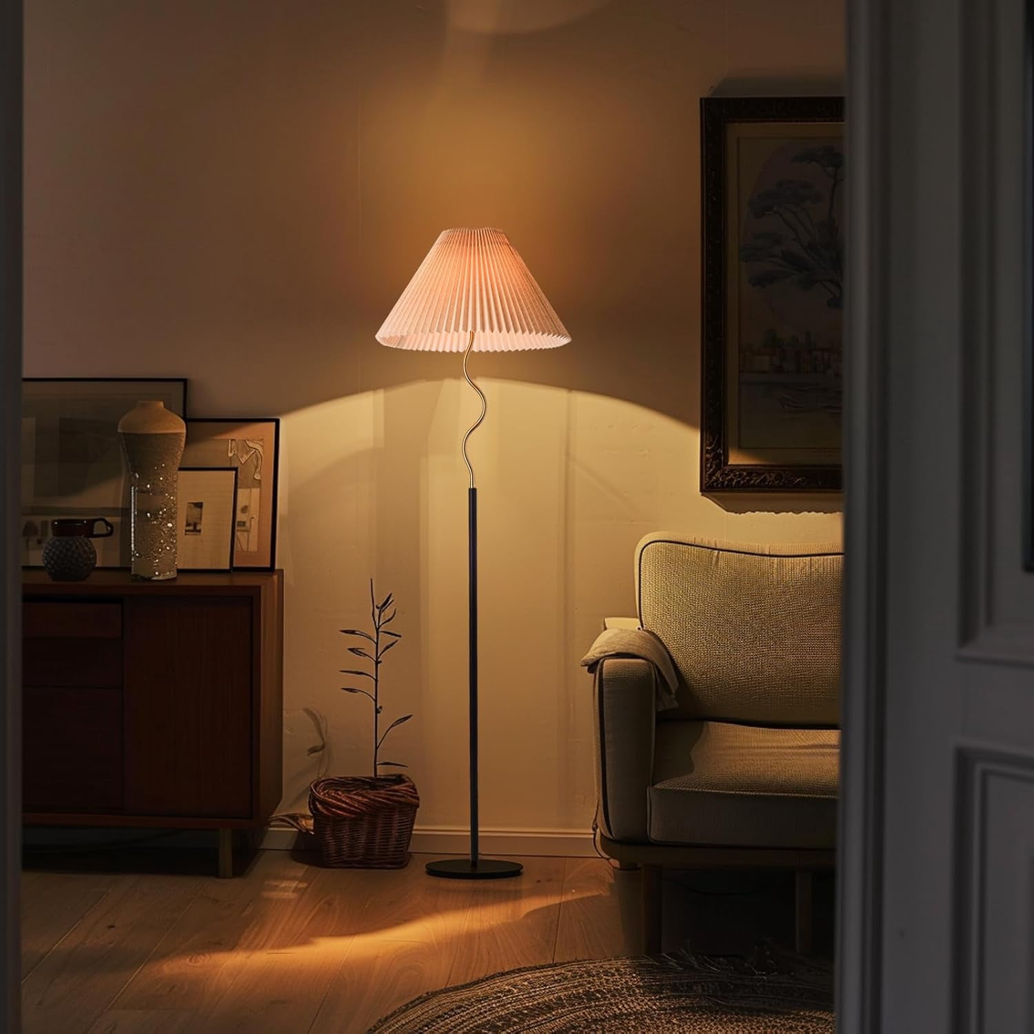 KUNJOULAM Modern Pleated Floor Lamp, Black Pole Floor Lamps, Simple Design Tall Lamp with Adjustable Beige Lampshade, Standing Lamp for Living Room, Bedroom, Office, Home (Without Bulb)
