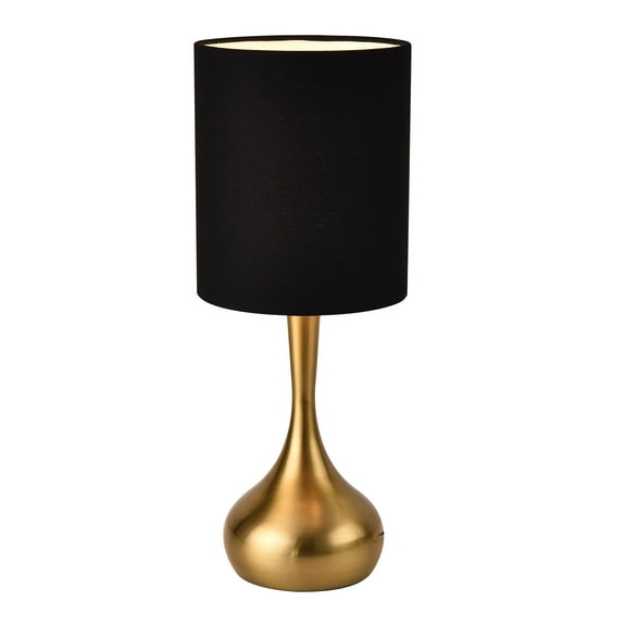 KUNJOULAM Modern Table Lamp, 17.3" Small Desk Light with Brass Metal Droplet Base, Black Cylinder Linen Drum Shade, Nightstand Lamp for Bedroom Living Room Nightstand Office