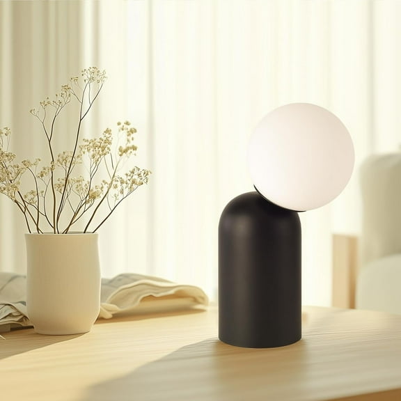 KUNJOULAM Simple Table Lamp Black Metal Base With Creative White Globe Lampshade Use E26 Bulb For Living Room, Bedroom And Office Decoration, Bulb Not Include