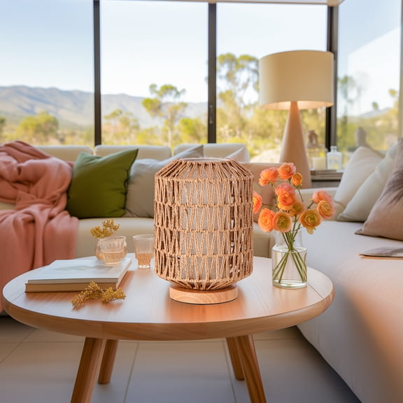 KUNJOULAM Table lamp, Rattan Double Cover lamp,Farmhouse Rattan Weaving Table Lamp Metal Base, Handmade Boho Bedside Lamp for Bedroom Living Room House Office