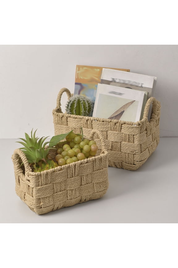 10in Handwoven Storage Basket for Home Organization, Decorative Woven Bin for Shelves, 10x7x6in Rectangular Sundries Organizer for Bathroom Nursery Living Room, Small Decorative Caddy
