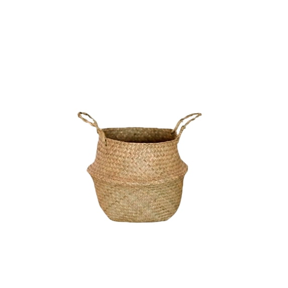KUNPENG 11" Hand-Woven Seagrass Belly Basket - Medium 27cm Natural Wicker Plant Pot Cover, Foldable Storage Basket with Handles for Living Room, Toy Organization & Boho Home Decor