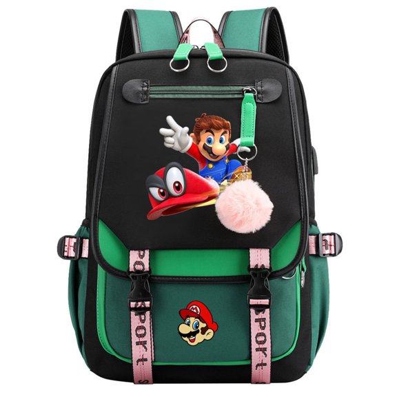 KUNPENG 17 Inch Teen Back to School School Backpack for Bo'ys Gir'ls, Super Bros Cartoon Bookbag with USB Charging Port, Large Capacity Water Resistant Flap Rucksack for Middle High School, Green