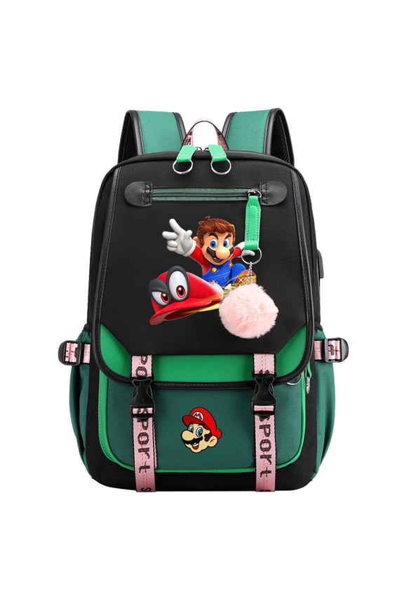17 Inch Teen Back to School School Backpack for Bo'ys Gir'ls, Super Bros Cartoon Bookbag with USB Charging Port, Large Capacity Water Resistant Flap Rucksack for Middle High School, Green