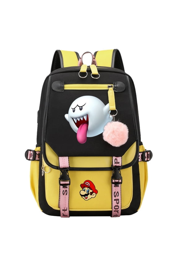 17 Inch Teen Back to School School Backpack for Bo'ys Gir'ls, Super Bros Cartoon Bookbag with USB Charging Port, Large Capacity Water Resistant Flap Rucksack for Middle High School, Green