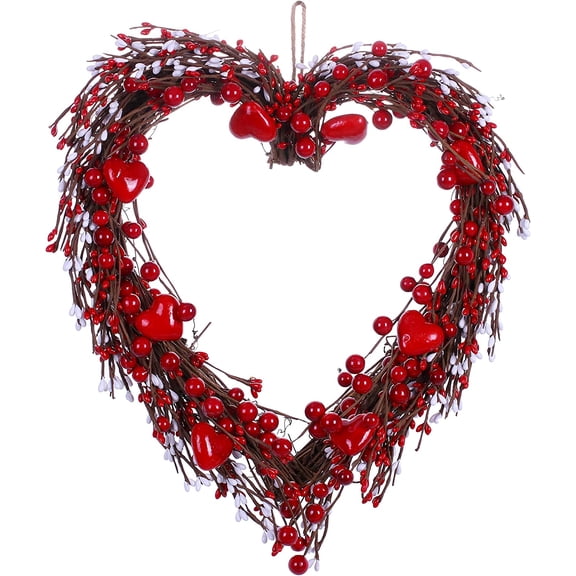 KUNPENG 17inch Valentine’s Day Wreath for Front Door, Heart Shaped Wreath with Berries for Valentine’s Day Wedding Festival Decorations, Spring Home Decorations