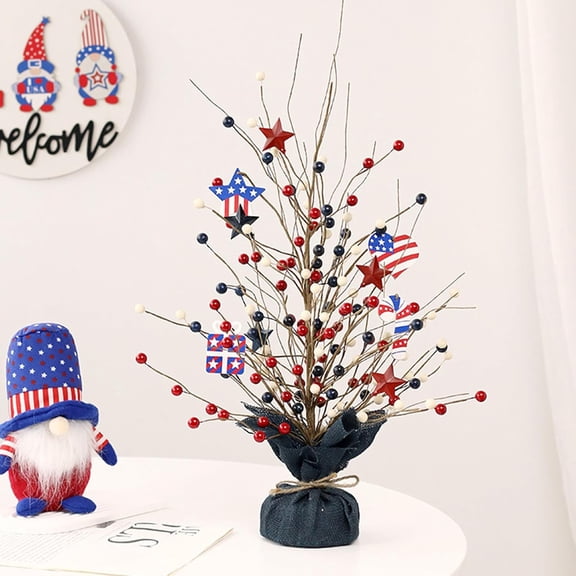 KUNPENG 18" 4th of July Tabletop Decorations, Patriotic Artificial Berry Tree with Stars and Stripes, Red White and Blue Independence Day Decor for Home Office Table Party Centerpiece