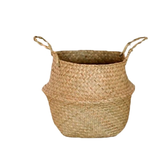KUNPENG 18" XXL Hand-Woven Seagrass Belly Basket - 45cm Jumbo Natural Wicker Plant Pot Cover, Foldable Storage Hamper with Handles for King Size Blankets, Pillows, Toy Chest & Boho Decor