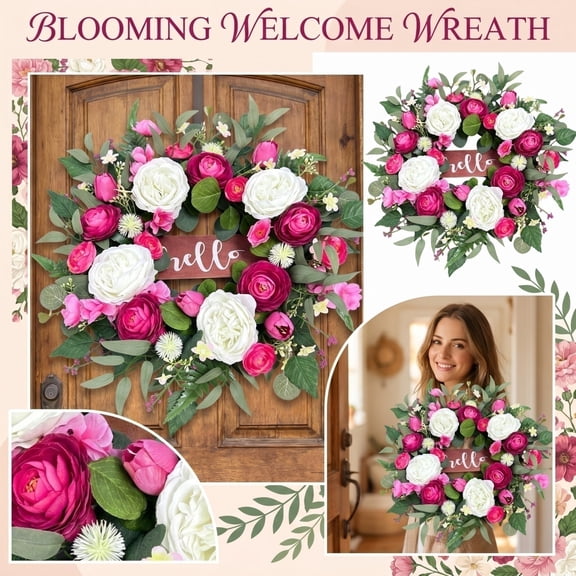 KUNPENG 19.69" Spring Wreath for Front Door Artificial Pink White Rose Peony Floral Wreaths with Hello Sign Rustic Farmhouse Summer Home Wall Window Decor