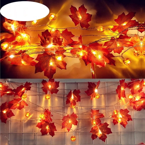 KUNPENG 2-Pack Fall Maple Leaf String Lights with Pumpkins, 5ft 10 LED Autumn Garland Fairy Light, Battery Operated Halloween Thanksgiving Harvest Home Mantle Decor