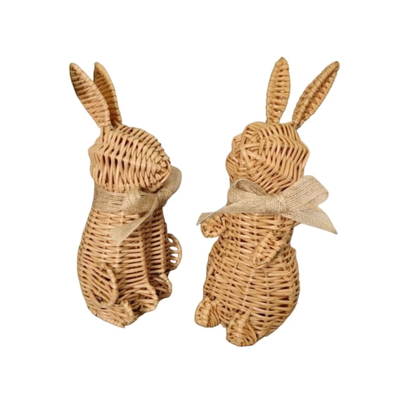 KUNPENG 2-Piece Hand-Woven Rattan Easter Bunnies, Natural Wicker Rabbit Figurines for Spring Tabletop Decor, Set of 2 Rustic Vine Animal Statues for Home, Shelf & Mantel