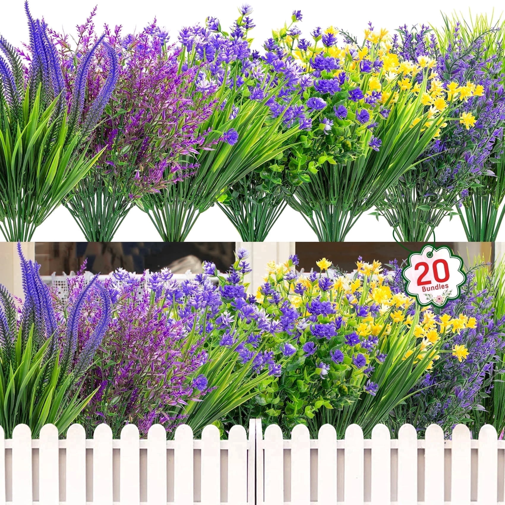 KUNPENG 20 Bundles Artificial Greenery Fake Plants for Outdoor, UV Resistant Faux Boxwood Shrubs for Window Box Porch Garden Decor, Indoor Outdoor Plastic Grass Stems for Home Office Decoration