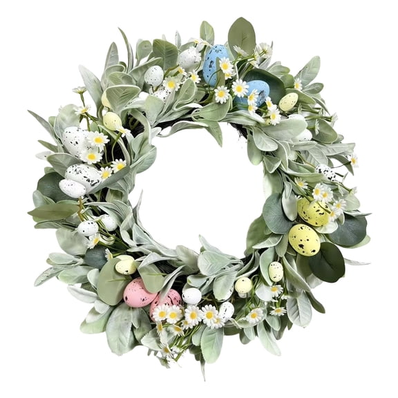 KUNPENG 20"Easter Collapsible Lighted Easter Wreaths Decorations for Front Door,Pre-lit Spring Door Wreath with Pastel Eggs,Daisy Flowers,Farmhouse Indoor Outdoor Wall Window Decor