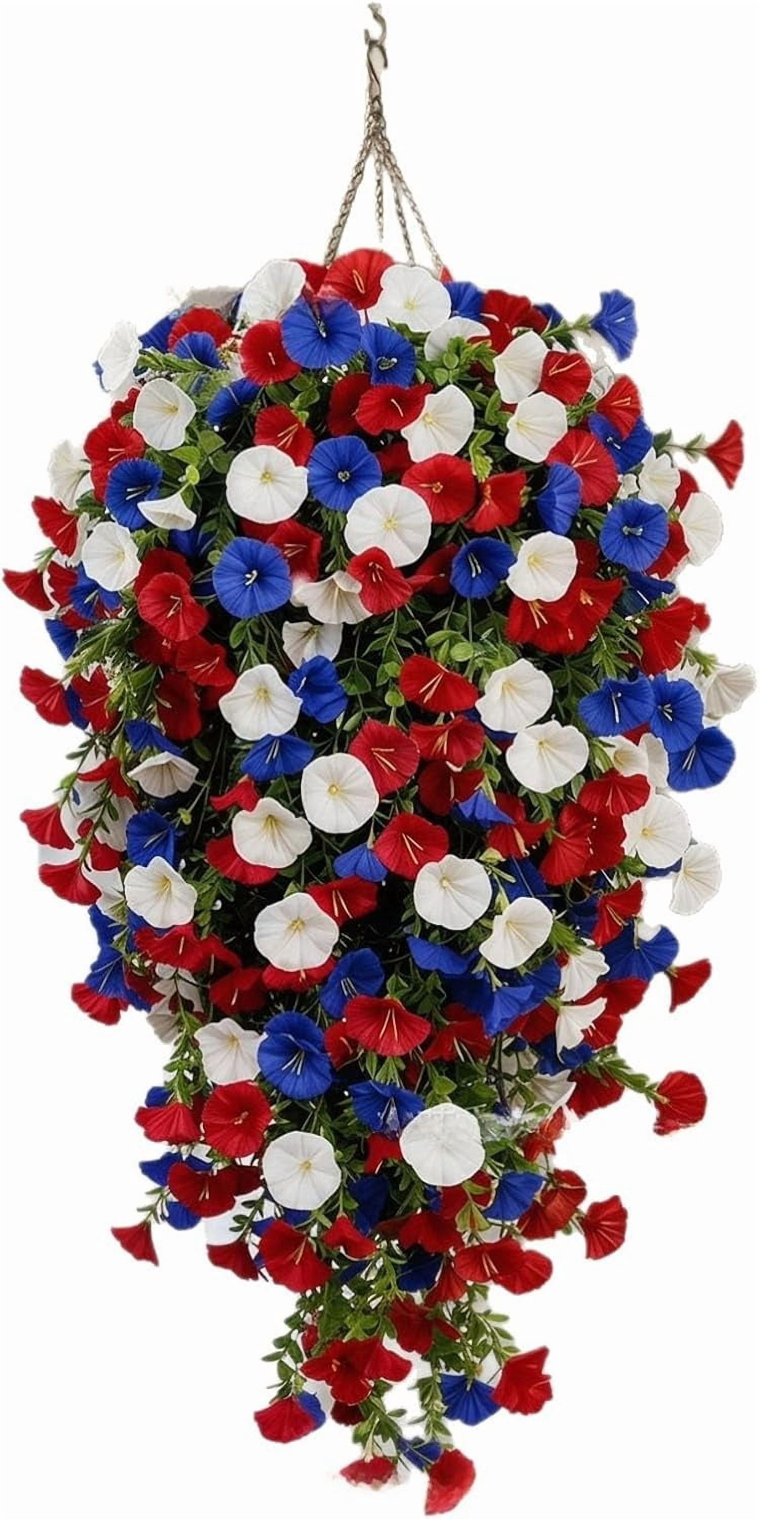 KUNPENG 24" Red White and Blue Artificial Flowers Hanging Basket Faux Floral Plant for 4th of July Veterans Day 250th Anniversary Front Porch Outdoor Patio Home Decorative Objects Decor Accent