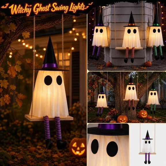 KUNPENG 3 Pack Light Up Halloween Hanging Ghost Decor, Mini Sitting Swing Ghosts with Wizard Hats, Pre-lit Cute Floating Ghost Ornaments for Tree Porch Window Indoor Outdoor Party Supplies