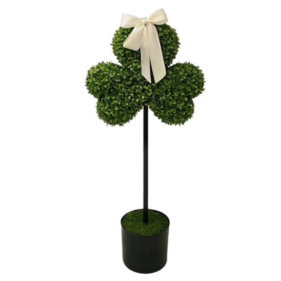KUNPENG 31.5" Artificial Shamrock Shaped Boxwood Topiary Tree in Pot, St. Patrick's Day Clover Plant with Ribbon Bow, UV Resistant Faux Greenery for Front Door, Porch, Indoor & Outdoor Holiday Decor