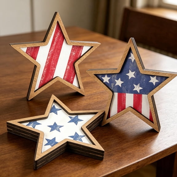 KUNPENG 3Pcs 4th of July Decorations Wooden Stars Patriotic Decor Red White Blue Independence Day Ornaments Set for Home Table Tiered Tray Shelf Memorial Day Tabletop Centerpiece Signs