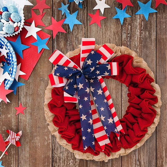KUNPENG 4th of July Patriotic Burlap Bow, Independence Day Red White and Blue Wreath Bow for Front Door, American Flag Large Decorative Bow for Memorial Day Veterans Day Tree Topper