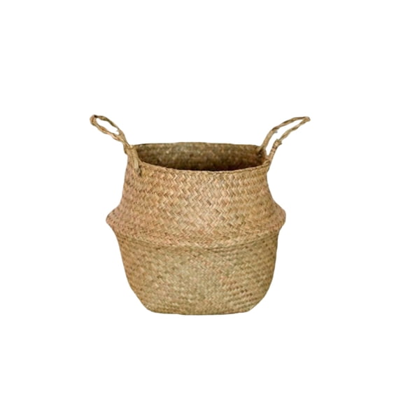 KUNPENG 9" Hand-Woven Seagrass Belly Basket - Small 22cm Natural Wicker Plant Pot Cover, Foldable Straw Storage Basket with Handles for Home Organizing, Boho Nursery & Laundry Decor