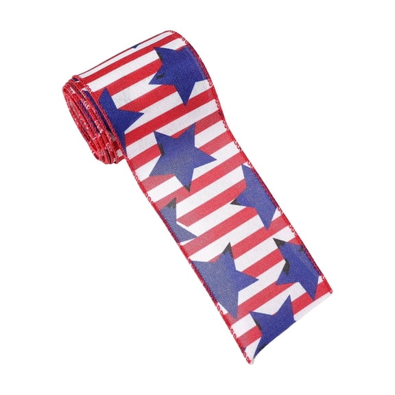 KUNPENG America 250th Anniversary Decor, Patriotic Wired Ribbon, American Flag Star Car Print, Red White and Blue Ribbon, July 4th DIY Bows, Gingham Burlap Ribbon for Wreaths, Memorial Day, 10 Yards