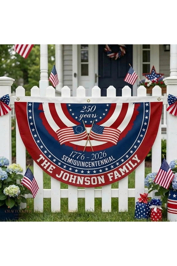 America 250th Anniversary Fan Flag 1776-2026, 1.5x3 Ft Vintage Patriotic Pleated Fan Bunting, USA Semiquincentennial Half Moon Flag for Porch Railing Deck Decor, Brass Grommets