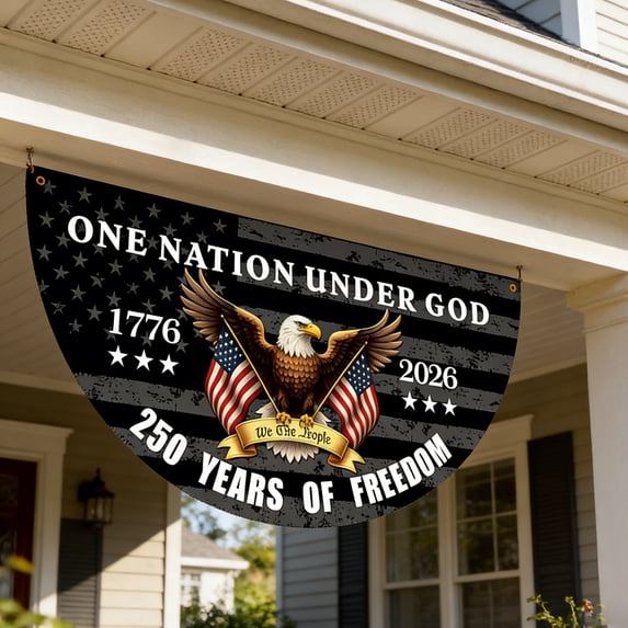 KUNPENG America 250th Anniversary Fan Flag 1776-2026 US Semiquincentennial Semicircle Bunting Banner 1.5x3 Ft Heavy Duty Polyester Pleated Patriotic Freedom Yard Porch Railing Wall Decoration Sign