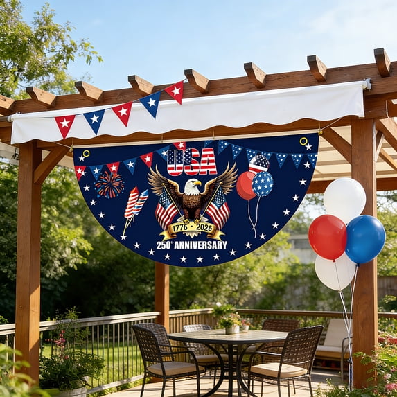 KUNPENG America 250th Anniversary Fan Flag 1776-2026 US Semiquincentennial Semicircle Bunting Banner 1.5x3 Ft Heavy Duty Polyester Pleated Patriotic Freedom Yard Porch Railing Wall Decoration Sign