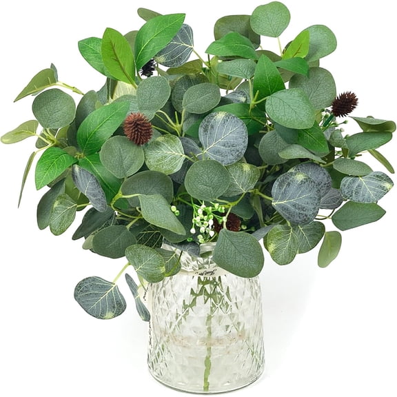 KUNPENG Artificial Eucalyptus Stems with Seeds, Realistic Fake Plants Greenery for Vase, Silver Dollar Eucalyptus Leaves, Spring Greenery Stems for Home Office Decor