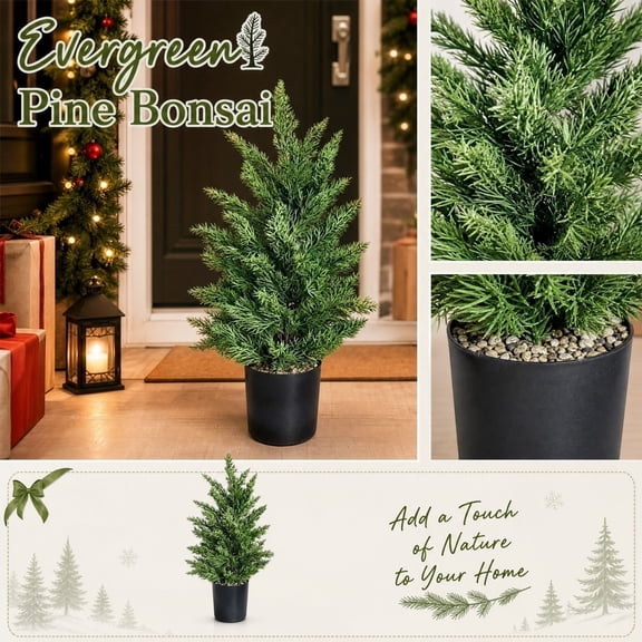 KUNPENG Artificial Pine Potted Tree, Pure PE Faux Entryway Topiary Christmas Tree for Front Door Porch, Real Touch Small Evergreen Winter Greenery, Fillable Base for Outdoor Stability