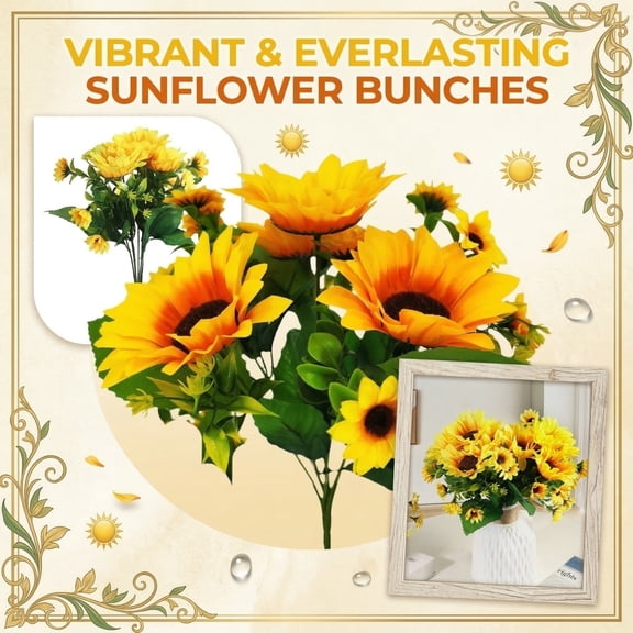 KUNPENG Artificial Sunflowers, Sunflower Bouquet, 12.2 Inches, 13 Heads, Silk Yellow Flowers, Faux Floral Bunch, Rustic Wedding Decor, Farmhouse Aesthetic