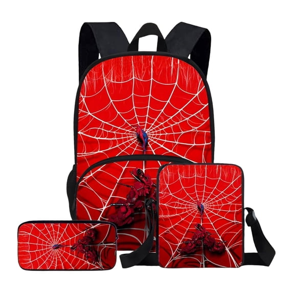KUNPENG Back to School Backpack 3 Pcs Set with Lunch Box Case Red Blue Spidey Hero Printed Bookbag School Supplies Set Travel Laptop Daypack for Teen Bo-ys Comic Fans