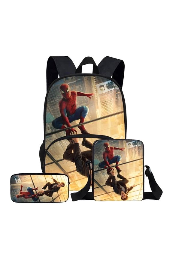 Back to School Backpack 3 Pcs Set with Lunch Box Case Red Blue Spidey Hero Printed Bookbag School Supplies Set Travel Laptop Daypack for Teen Bo-ys Comic Fans