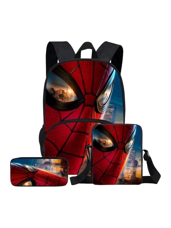 Back to School Backpack 3 Pcs Set with Lunch Box Case Red Blue Spidey Hero Printed Bookbag School Supplies Set Travel Laptop Daypack for Teen Bo-ys Comic Fans