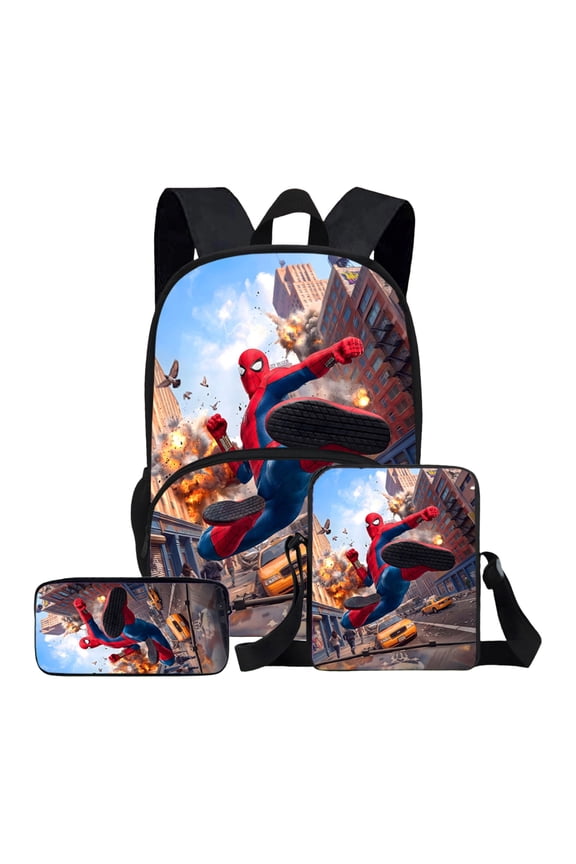 Back to School Backpack 3 Pcs Set with Lunch Box Case Red Blue Spidey Hero Printed Bookbag School Supplies Set Travel Laptop Daypack for Teen Bo-ys Comic Fans