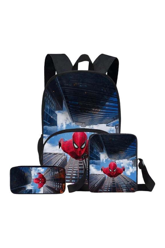 Back to School Backpack 3 Pcs Set with Lunch Box Case Red Blue Spidey Hero Printed Bookbag School Supplies Set Travel Laptop Daypack for Teen Bo-ys Comic Fans