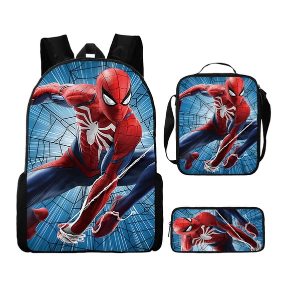KUNPENG Bo'ys Spidey Style Backpack 3 Piece Set with Lunch Box Case Teen Large Capacity Superhero Theme Elementary School Bookbag Lightweight Water Resistant School Bag Back to School