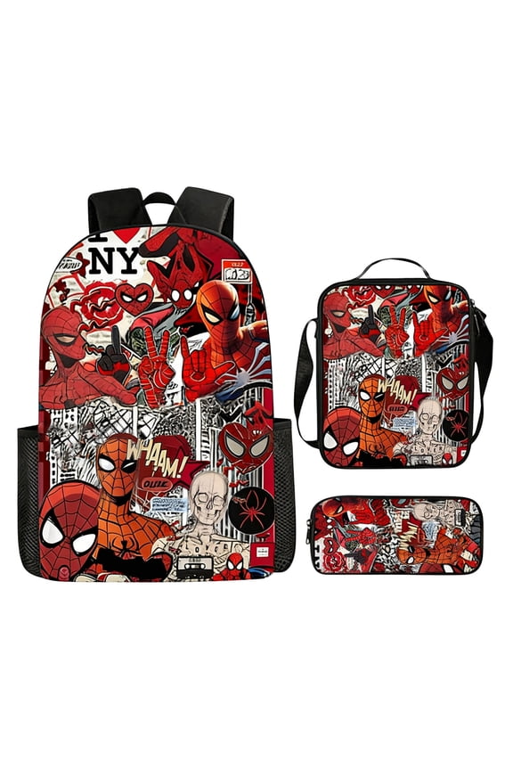 Bo'ys Spidey Style Backpack 3 Piece Set with Lunch Box Case Teen Large Capacity Superhero Theme Elementary School Bookbag Lightweight Water Resistant School Bag Back to School