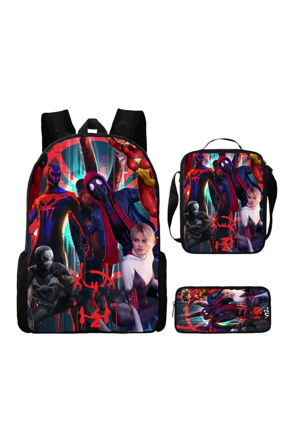 Bo'ys Spidey Style Backpack 3 Piece Set with Lunch Box Case Teen Large Capacity Superhero Theme Elementary School Bookbag Lightweight Water Resistant School Bag Back to School
