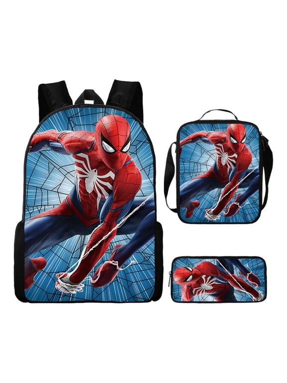 Bo'ys Spidey Style Backpack 3 Piece Set with Lunch Box Case Teen Large Capacity Superhero Theme Elementary School Bookbag Lightweight Water Resistant School Bag Back to School