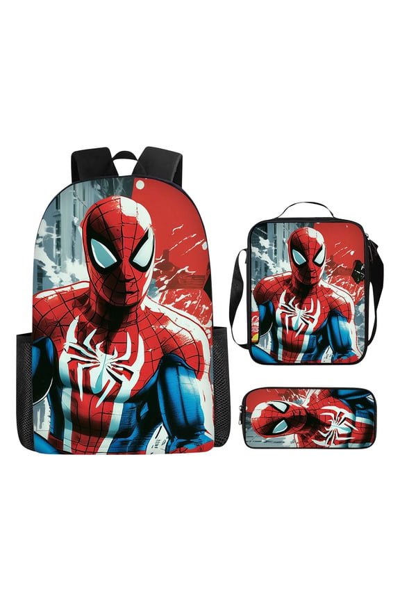 Bo'ys Spidey Style Backpack 3 Piece Set with Lunch Box Case Teen Large Capacity Superhero Theme Elementary School Bookbag Lightweight Water Resistant School Bag Back to School