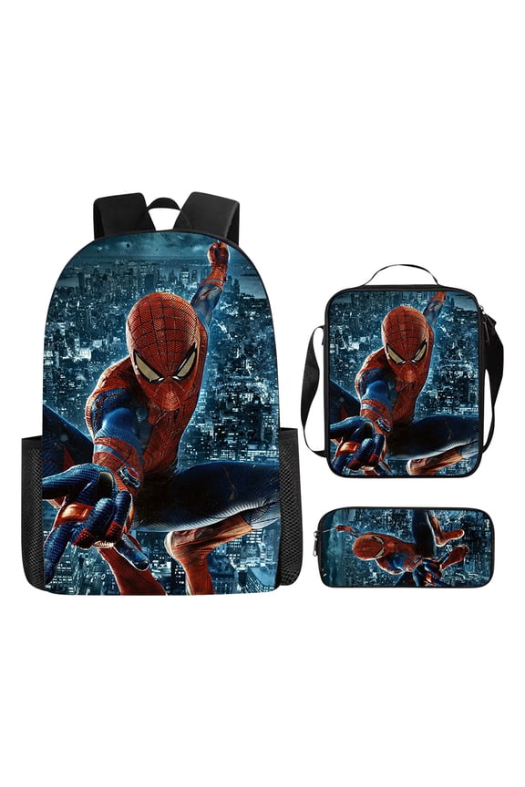 Bo'ys Spidey Style Backpack 3 Piece Set with Lunch Box Case Teen Large Capacity Superhero Theme Elementary School Bookbag Lightweight Water Resistant School Bag Back to School
