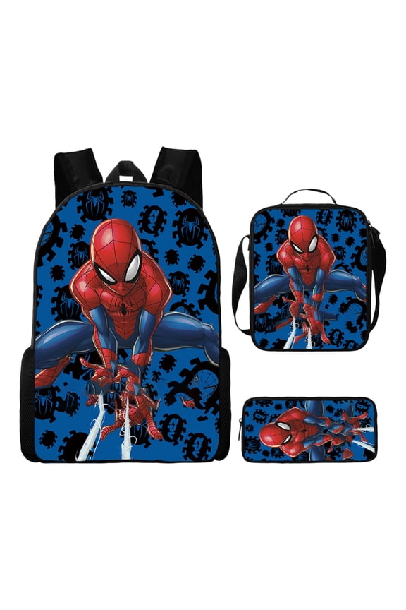 Bo'ys Spidey Style Backpack 3 Piece Set with Lunch Box Case Teen Large Capacity Superhero Theme Elementary School Bookbag Lightweight Water Resistant School Bag Back to School