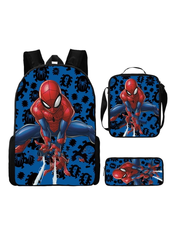 Bo'ys Spidey Style Backpack 3 Piece Set with Lunch Box Case Teen Large Capacity Superhero Theme Elementary School Bookbag Lightweight Water Resistant School Bag Back to School
