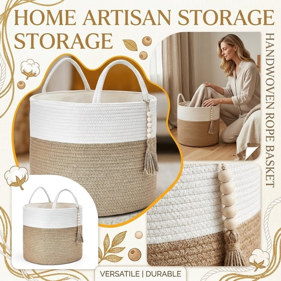 KUNPENG Cotton Rope Blanket Basket, Nursery Toy Bin, Boho Laundry Hamper, Home Cotton Rope Woven Storage Basket Dirty Clothes Basket Straw Woven Sundries Bin for Living Room Bedroom, 15.7x13.8"