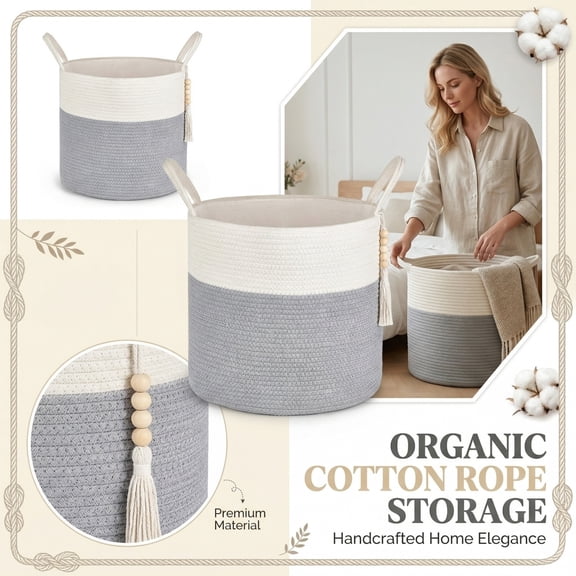 KUNPENG Cotton Rope Blanket Basket, Nursery Toy Bin, Boho Laundry Hamper, Home Cotton Rope Woven Storage Basket Dirty Clothes Basket Straw Woven Sundries Bin for Living Room Bedroom, 15.7x13.8"