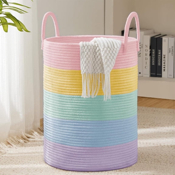 KUNPENG Cotton Rope Woven Storage Basket with Handles, Collapsible Large Laundry Hamper & Toy Organizer, Decorative Wicker Basket for Organizing Blankets, Towels & Laundry