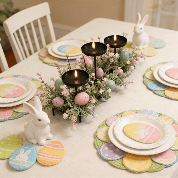 KUNPENG Easter 3-Candle Table Arrangement, Yellow Greenery & Pastel Eggs, Metal Tray Centerpiece for Family Dinner, Mantel Display & Spring Celebration