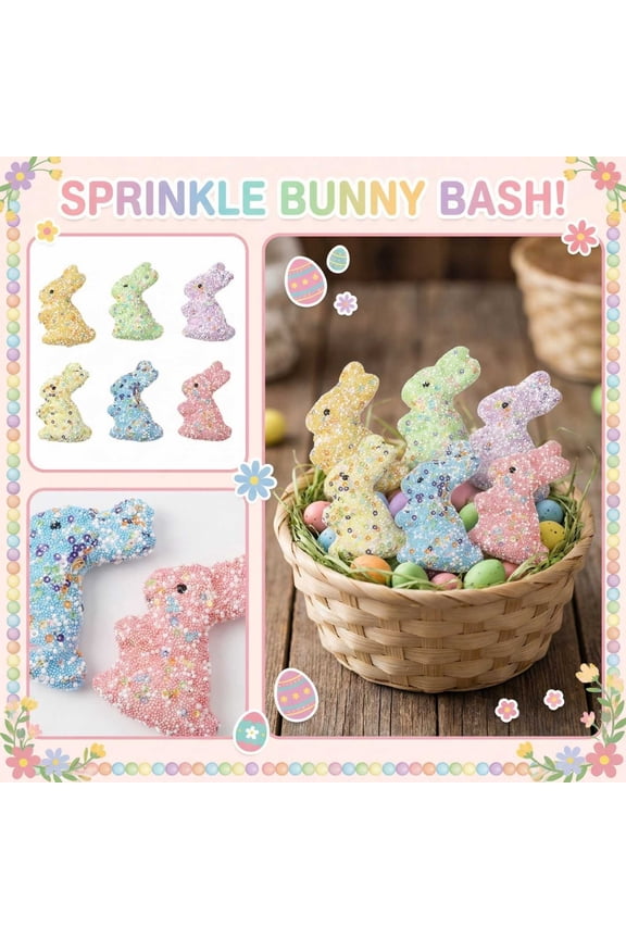 Easter 6 Pcs Sparkling Foam Bunny Ornaments, 4" Decorative Rabbit Set Colorful Rabbit Figurines with Shimmering Sequins, Spring Tabletop Decor for Home & Party