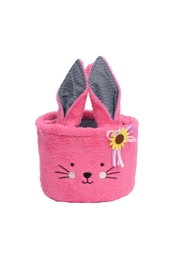 Easter Basket Plush White Tote Bag Cute Rabbit Design Personalized Easter Bucket Bunny Small Girls Easter Basket for Kids Carrying Gift and Eggs, 9" X 14"